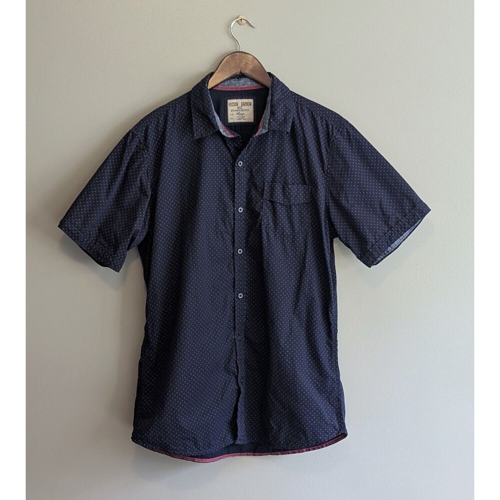 Hudson Barrow NYC Mens Large L Short Sleeve Shirt Navy Blue Pink Polka Dot